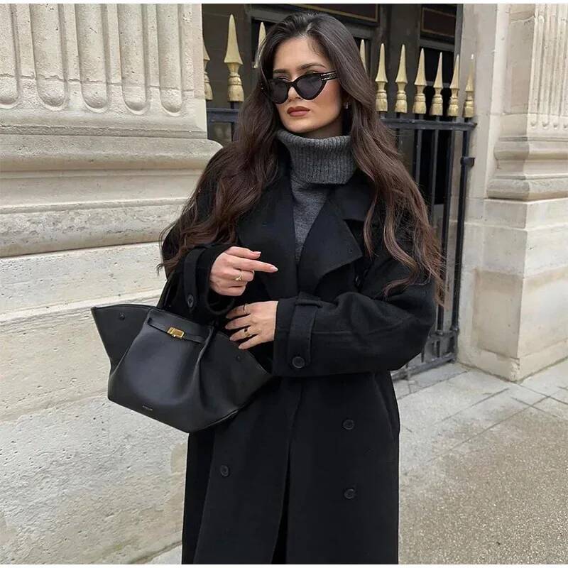 Elegant Grey Belt Long Faux Wo - Wool Coat Peacoat recensione e prezzo
